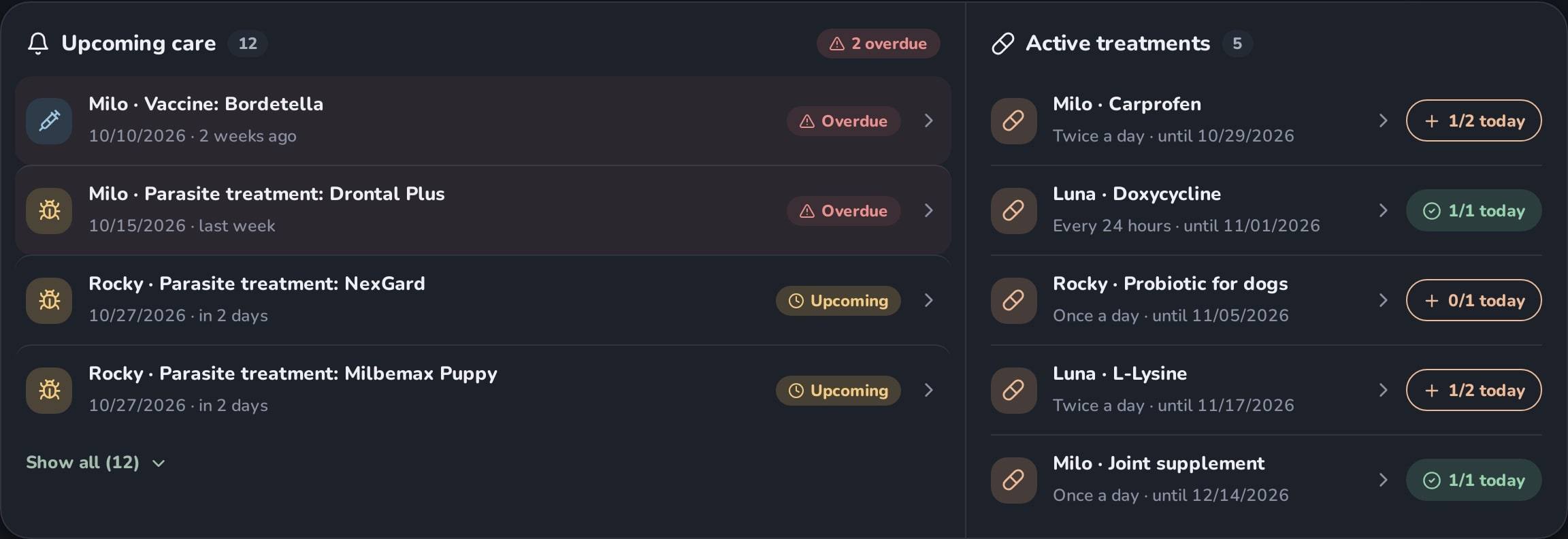 Upcoming care with overdue and upcoming items next to active treatments with today’s dose progress