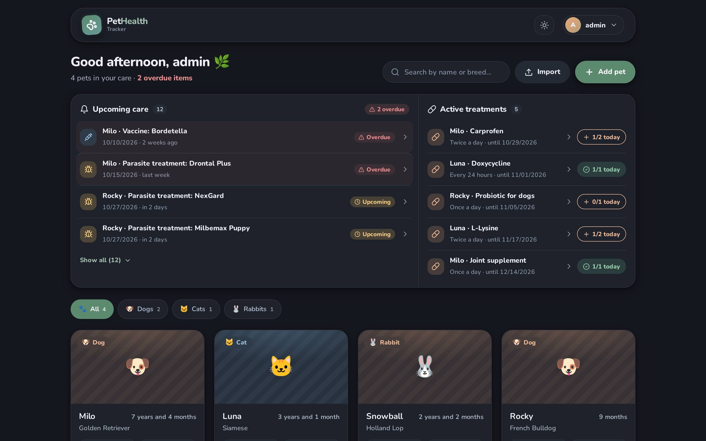 PetHealth dashboard showing upcoming care, active treatments with daily dose progress and pet cards