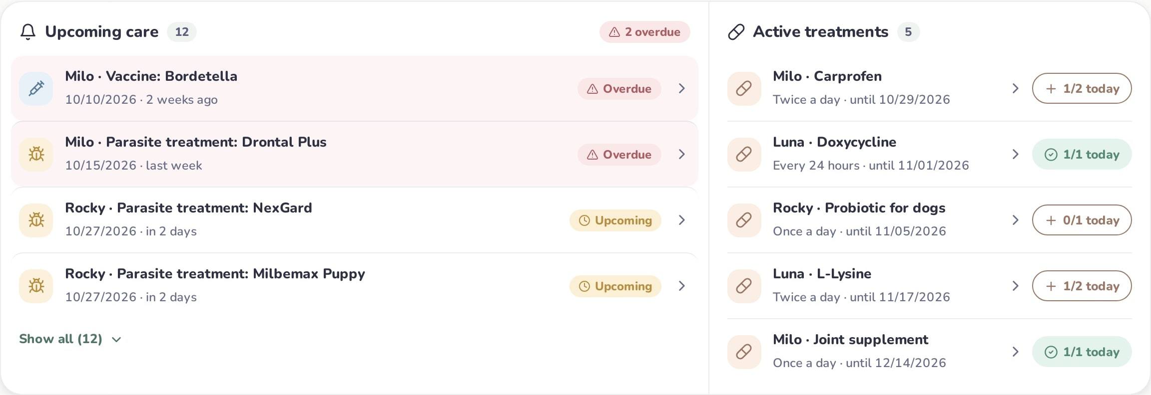 Upcoming care with overdue and upcoming items next to active treatments with today’s dose progress