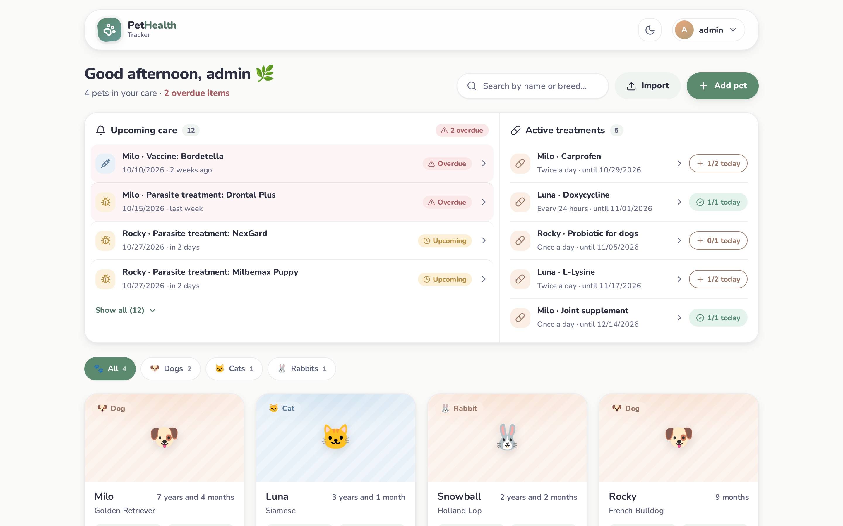 PetHealth dashboard showing upcoming care, active treatments with daily dose progress and pet cards
