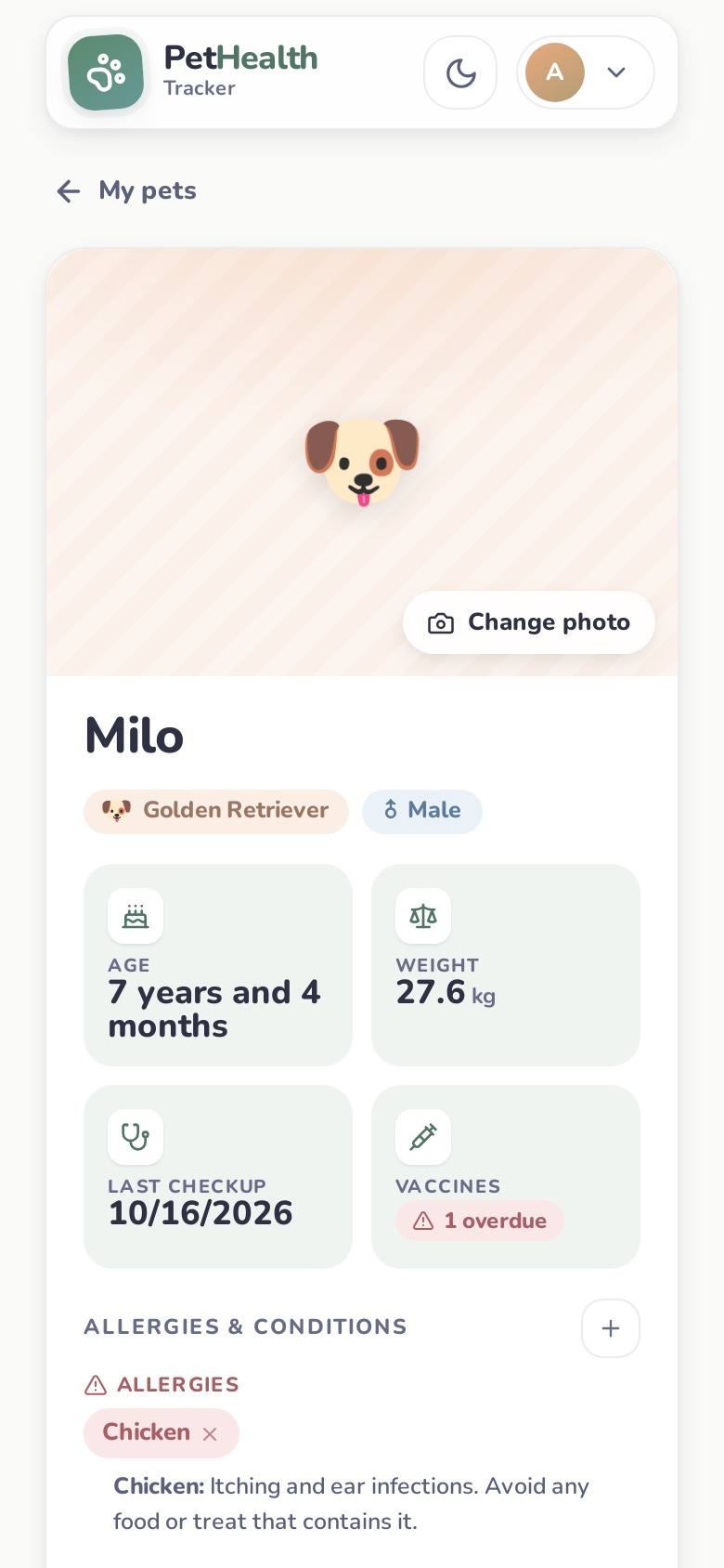 Pet profile on a phone