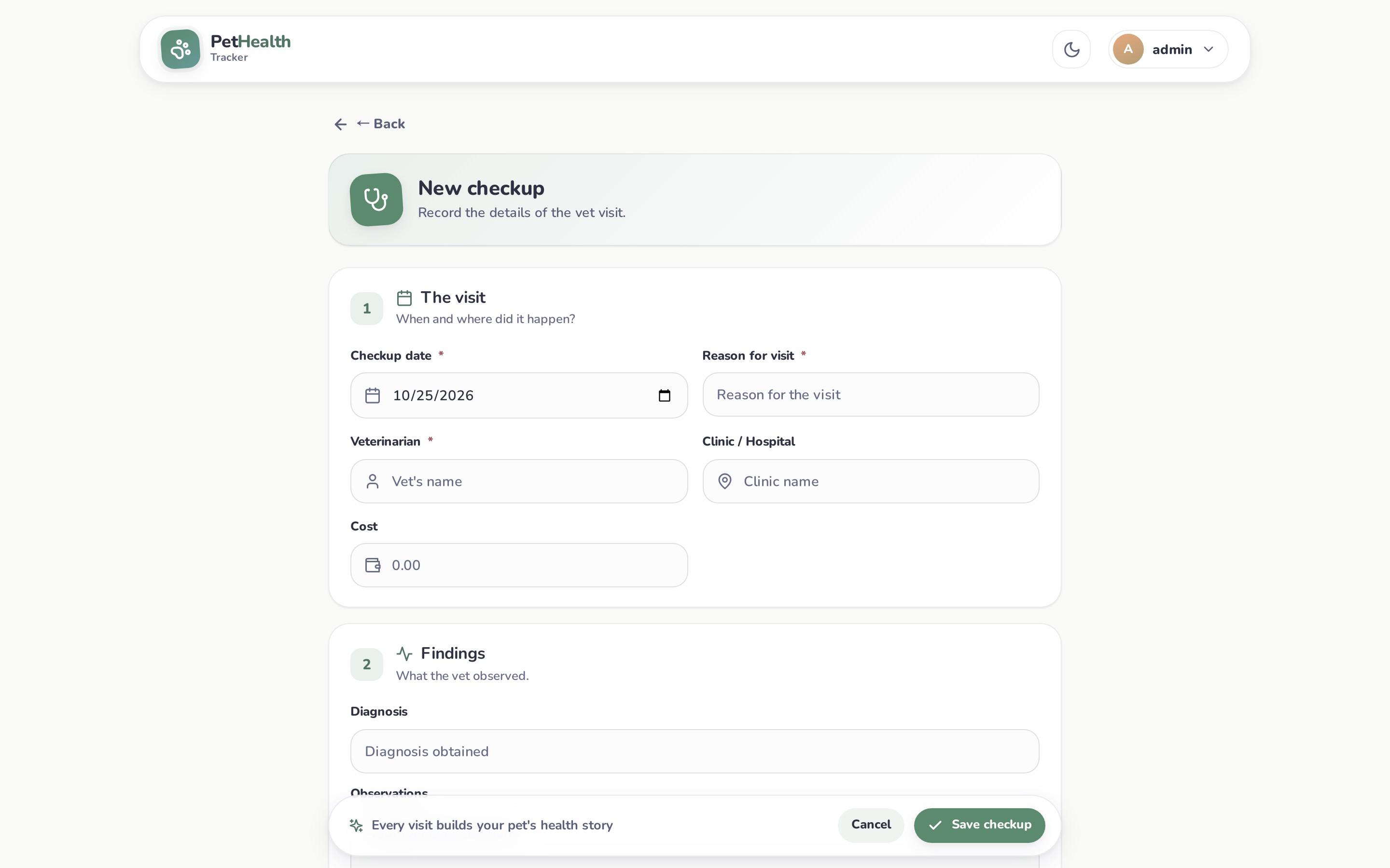 Form to record a vet visit