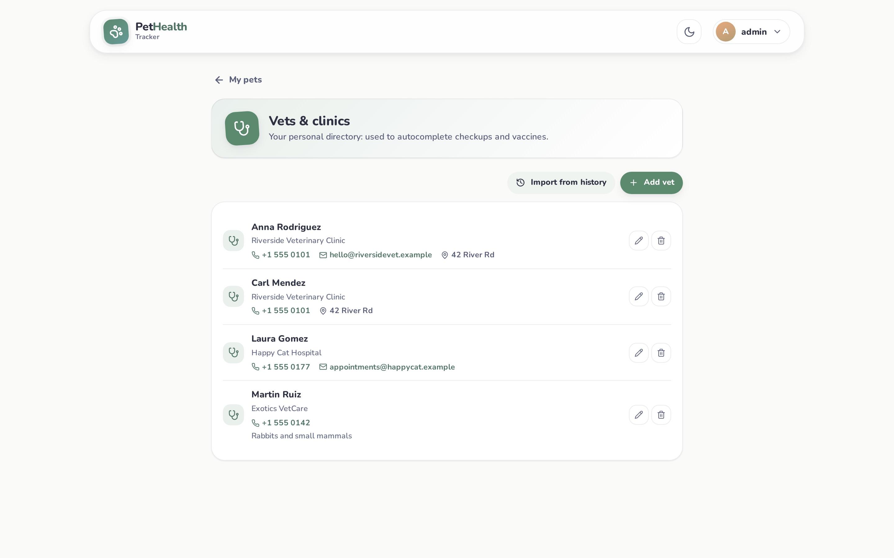 Personal directory of vets and clinics
